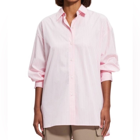 NWT THEORY Pink Multi Downing Bold Oversized Striped Button Down Shirt - Picture 4 of 7